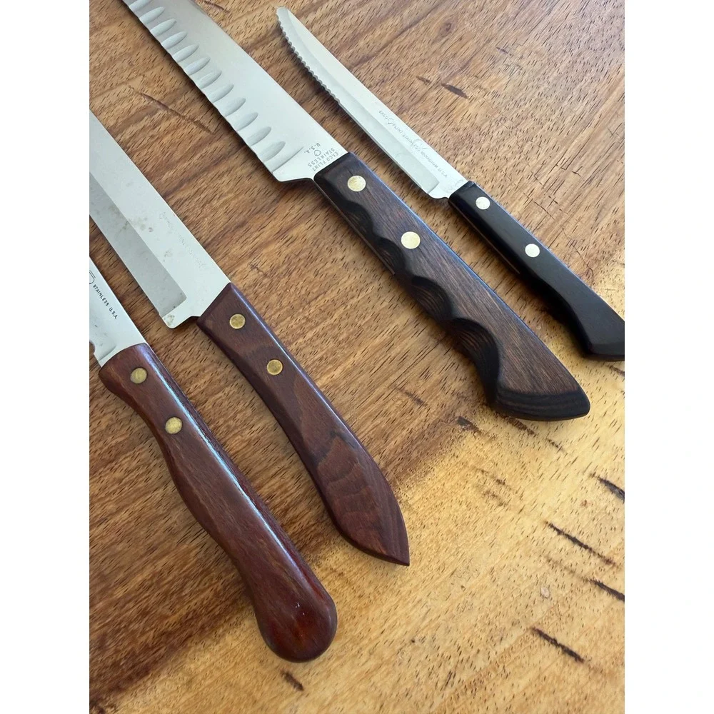 Vintage Ekco Flint Eterna Knife 4pc Stainless Wood Handle USA Slicer Serrated